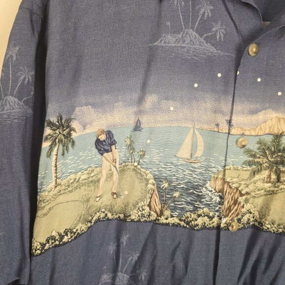 Campia Moda Mens Hawaiian Golf Shirt Large Dusty Blue Short Sleeve Button Up - Picture 3 of 9